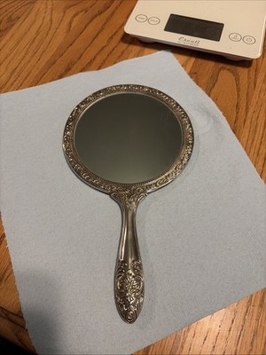 Vintage Ornate Silver Plated Vanity Hand Held Mirror Heavy Victorian Design