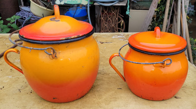 2er Set Kesseltöpfe Topf Blech emailliert orange Vintage 2 Größen
