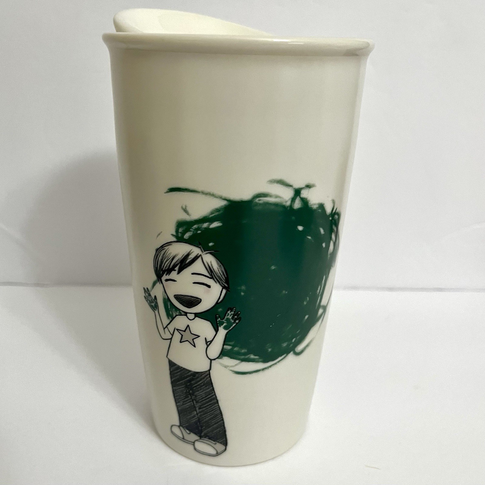Starbucks 2015 Dot Collection Green Finger Paint Boy Ceramic Travel 12oz Mug