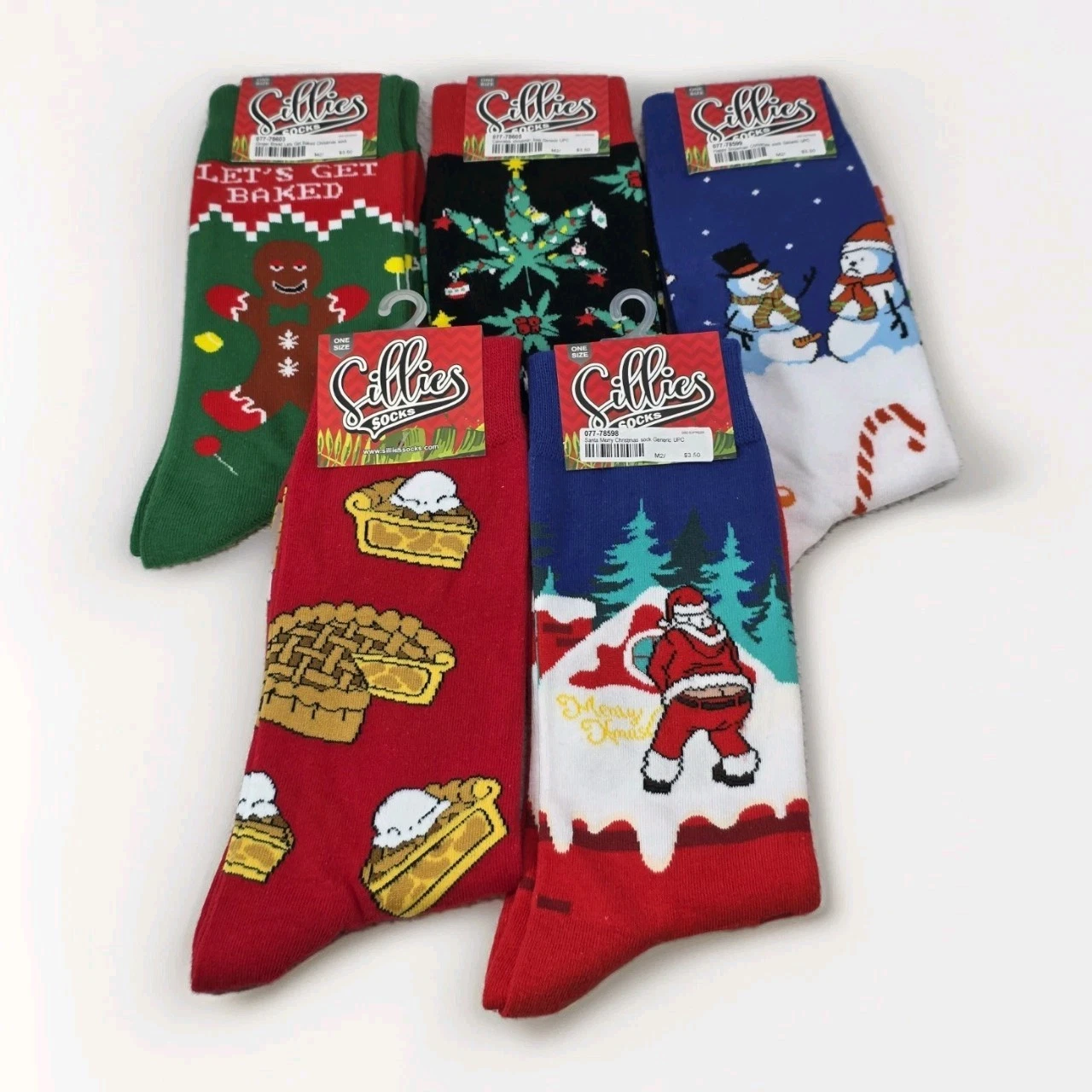 Sillies Socks Lot Of 5 Pairs Humorous Xmas One Size Crew Medium Cushion NWT