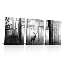 Black and White Wall Art Deer in Autumn Foggy Forest Picture Indeer Elk Stag