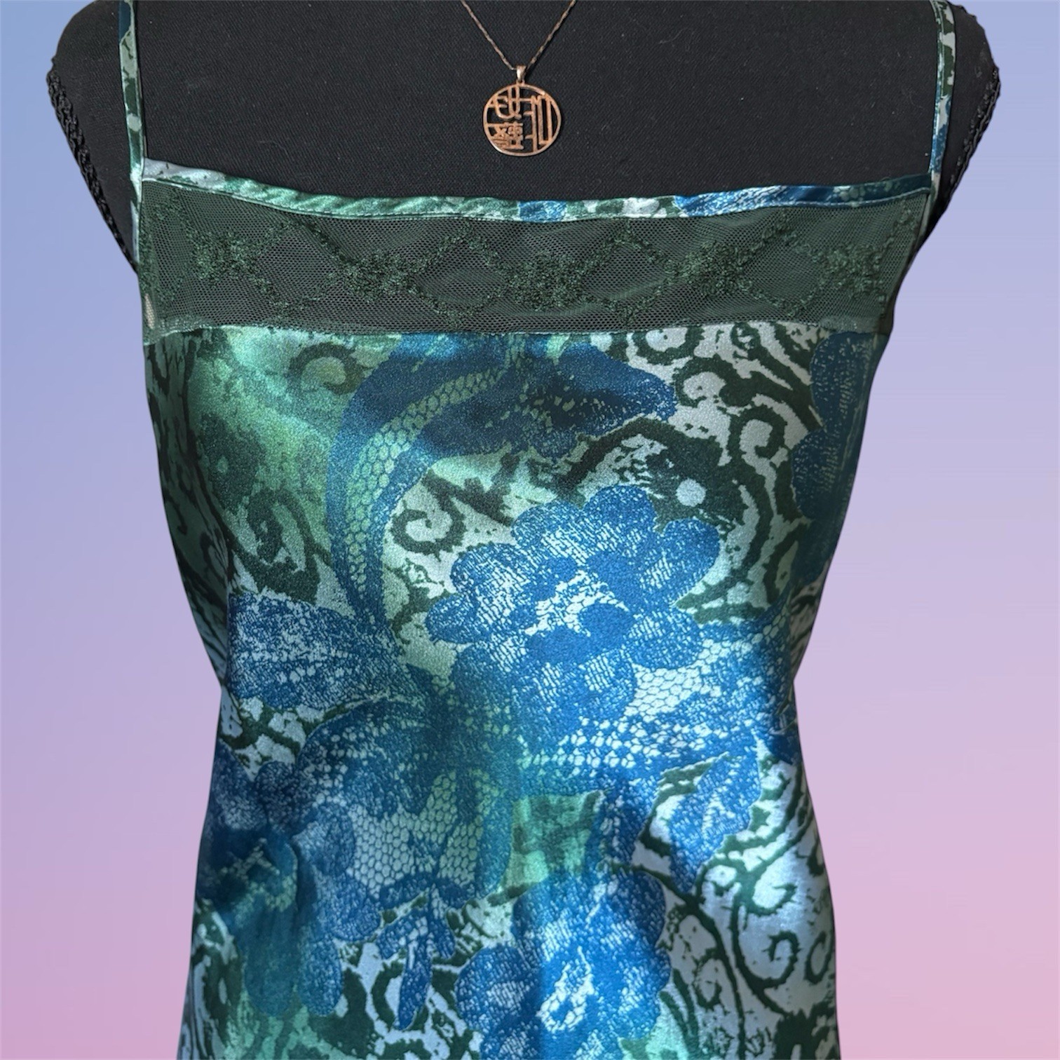 Vintage 90s Whimsigoth Blue Green Silk Satin Printed Slip Dress Women’s size 6