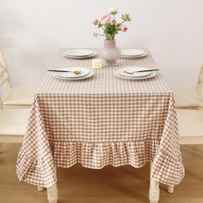Taupe White Gingham Ruffled Tablecloth Rectangular 120 X60 6 Extra Ruffle, 10
