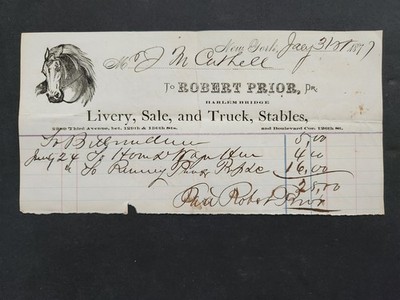 1877 antique ROBERT PRIOR new york LIVERY SALE TRUNK STABLES HORSE ad BILLHEAD