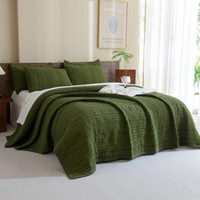 Waffle Weave Quilt Set Size 90"x98" -Cotton Quilted Queen Olive Green