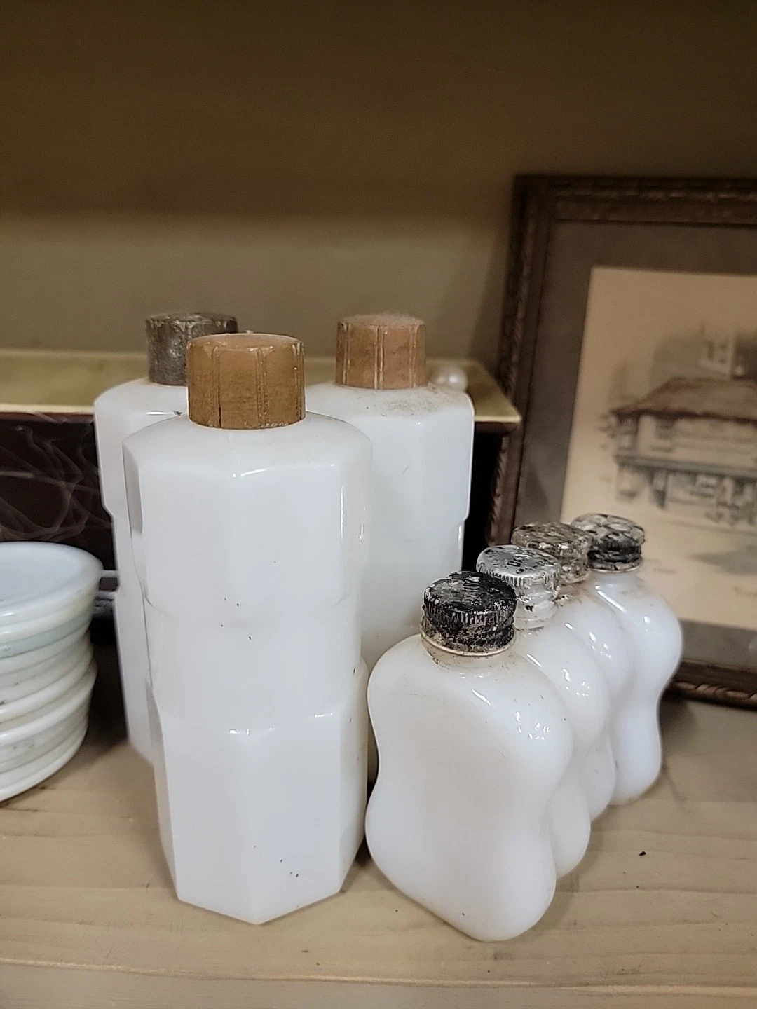 7 Vintage Milk Glass Bottles with Lids Unmarked