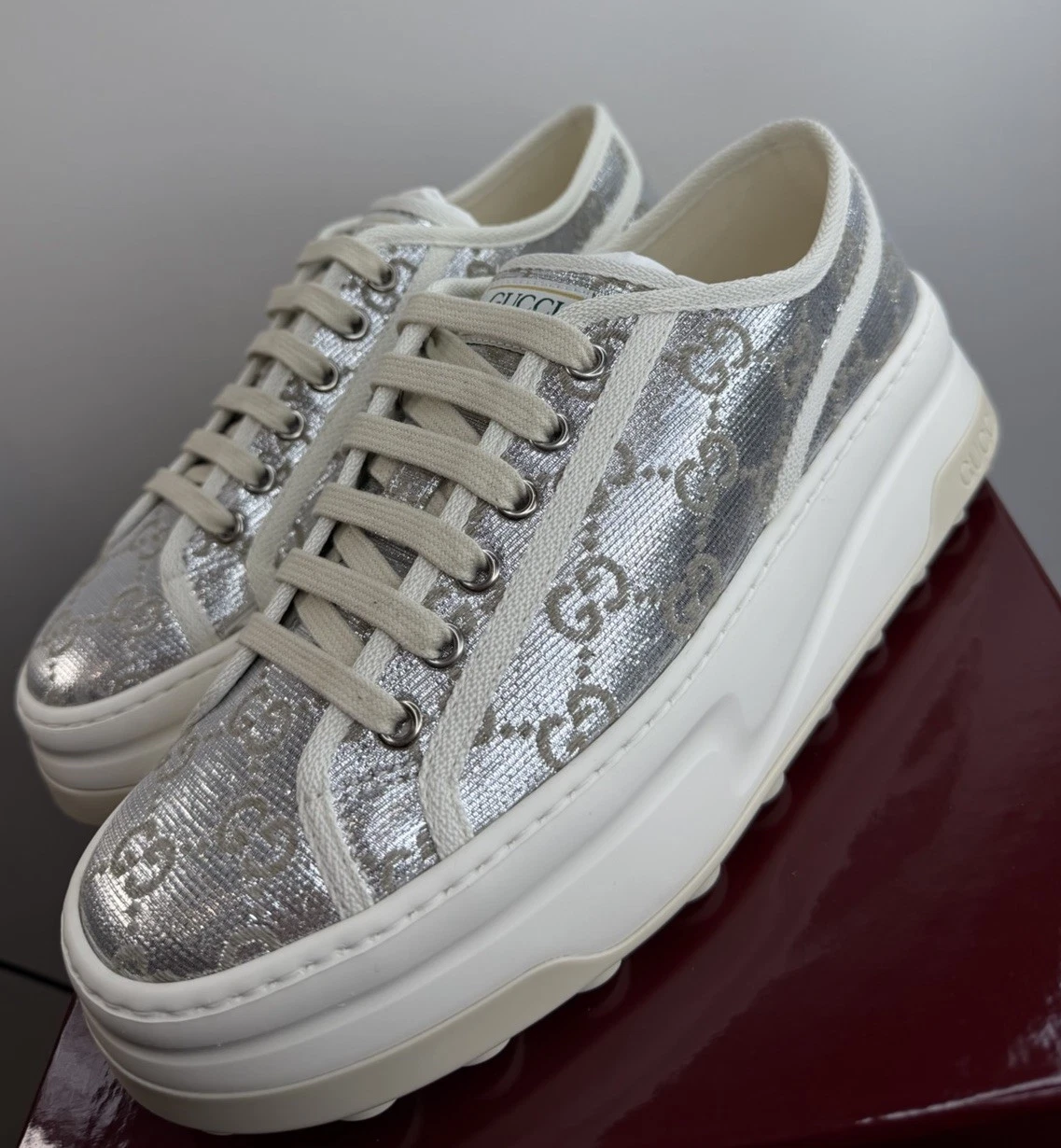 Gucci — Gucci Women’s Tennis 1977 Sneakers Canvas Silver GG Monogram Size 5UK/EU38