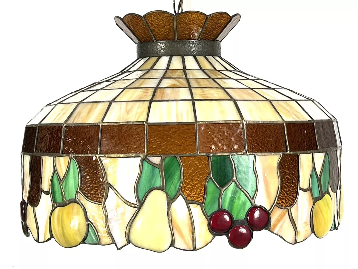 Vintage Tiffany Style Large Pendant Hanging Leaded Stained Glass Chandelier 1970