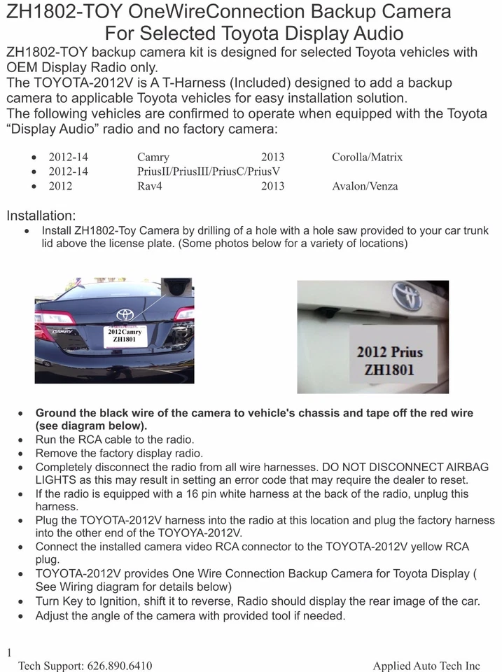 Kit de cámara de visión trasera de reversa para (2012, 2013, 2014) Toyota Prius, Prius C, Camry  Foto 4 de 4