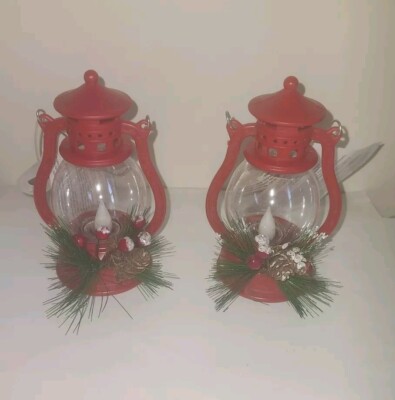 Red & Green LED Light Lantern Christmas Ornament 4.72'' Holiday Decor 2 Pcs New