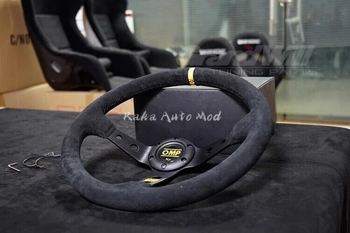Volante deportivo 350 mm 14' OMP cuero gamuza genuino negro cono profundo carreras - Imagen 6 de 9