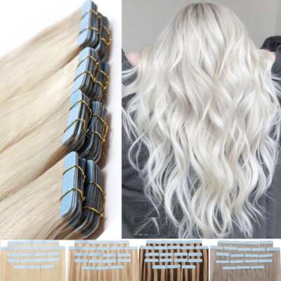60pcs Tape In Thick Real Human Hair Extensions Skin Weft Full Head #Bleach White