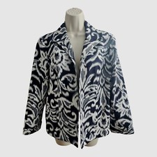 Chico's Blue White Grey Open Front Blazer Collared Jacket Size 1 Medium Pockets