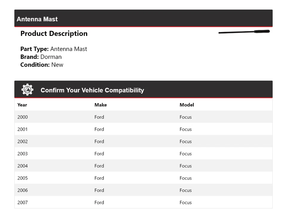 Mástil de antena para Ford Focus Dorman 2000-2007 2001 2002 2003 2004 2005 2006 Foto 2 de 4