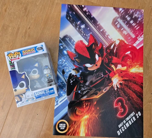 Funko Pop! Sonic the Hedgehog with Hero Chao #1036 and sonic movie poster
