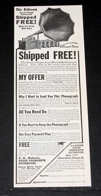 1911 OLD MAGAZINE PRINT AD, F.K. BABSON DIST, EDISON FIRESIDE MODEL PHONOGRAPH!