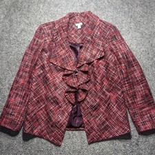 Chico's Women's Sz 2 Ruffle Front Blazer Tweed Red Multicolor Long Sleeve