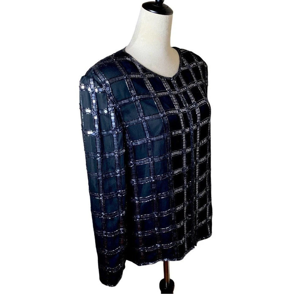 Top de seda con cuentas de lentejuelas Scala vintage grande | Blusa de noche negra retro glamurosa Foto 2 de 4
