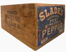 EARLY 20TH C ANTIQUE SLADE'S PEPPER PAPER LBLD/INK STMPD WD BOX CRATE BOSTON, MA