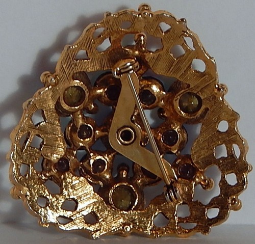 VINT DARK AB RHINESTONE GOLDTONE/PLATE TRIANGULAR BROOCH - Picture 2 of 2