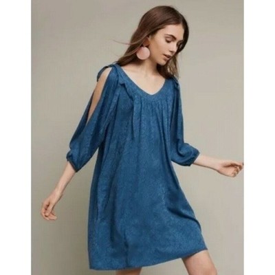 Holding Horses Boho Blue Damask Tie Shoulder Mini Shift Dress Size Medium
