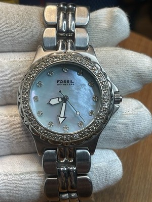 Fossil Blue Women's Quartz Watch Silver Bracelet Blue MOP Dial Diamond 100m