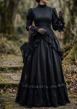 Gothic Victorian Black Mourning Dress Morticia Addam Witch Halloween Costume 324