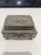 Vintage Ornate Silver-Tone Footed Jewelry Box with Embossed Rose Musical