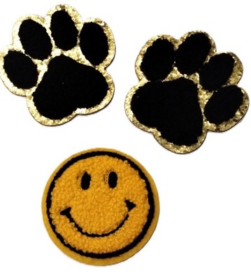 Paw Print Smile 3D Chenille Patch Set of 3 Iron On  Gold   Sparkle Black Fuzzy