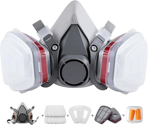 sykua Maschera Respiratoria, Maschera Antipolvere a Mezza Faccia con Filtri e Occhiali di Sicurezza per Verniciatura a Spruzzo,Polvere,Sostanze Chimiche,Levigatura,Lavori Edili,Lavorazione Del Legno