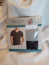 Perry Ellis Portfolio Large 3 Pack Cotton Blend V-Neck T-Shirts White,Gray,Black