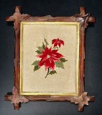 ANTIQUE Tramp Art Carved Frame Poinsettia Needlepoint Victorian Folk Art Wood