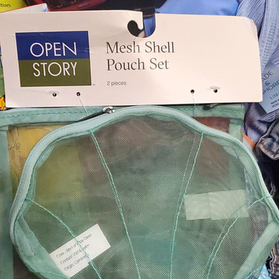 Open Story Mesh Shell Pouch Set 2pc Green Zipper Nylon Makeup Bag