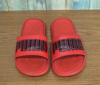 PUMA Kids Slides Sandals Youth Size 2C Red Black Logo Cool Cat High Risk Red