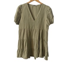 Zara Womens Olive Green Linen Blend Tiered V-Neck Puff Sleeve Babydoll Dress Md