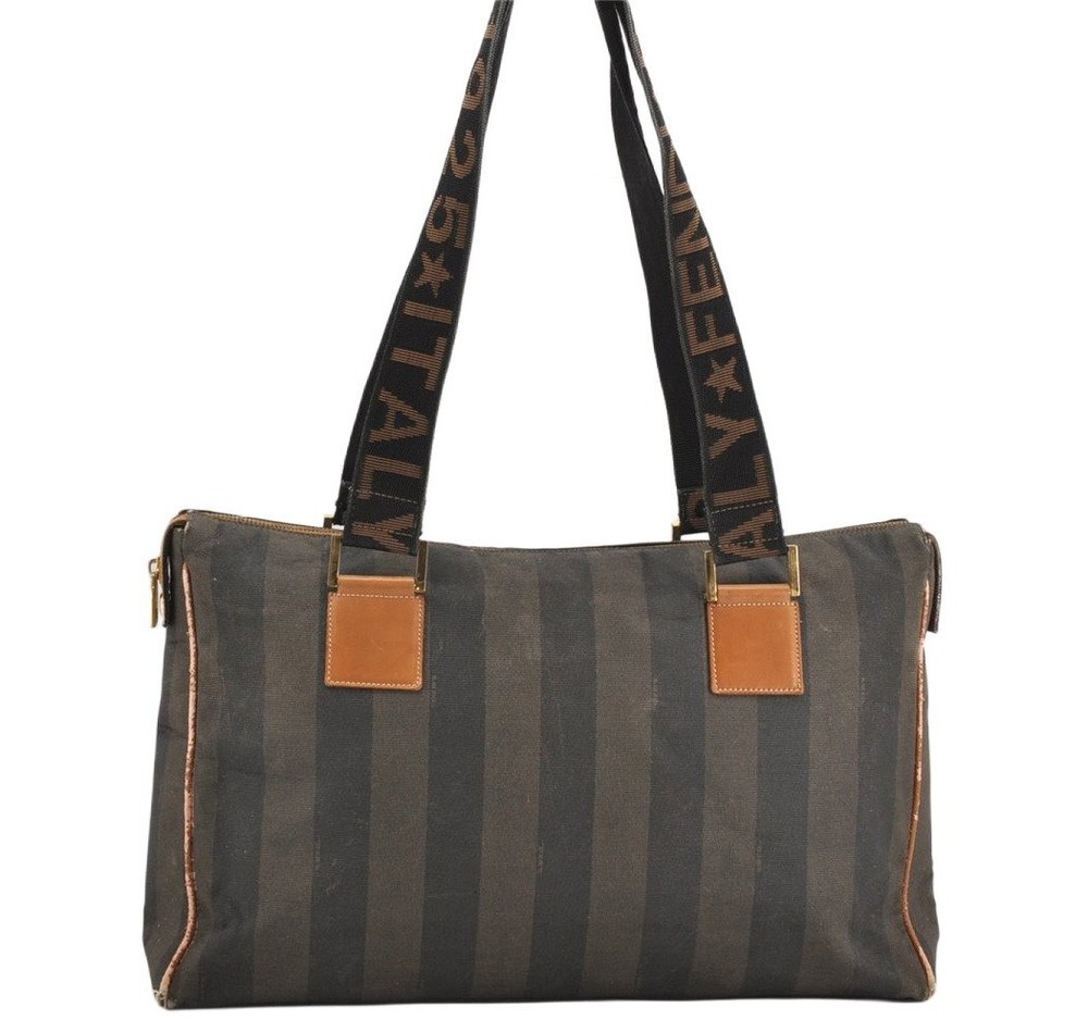 Authentic FENDI Pequin Pattern PVC Leather Boston Hand Bag Brown Black 7004L
