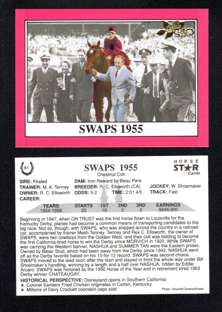 Swaps 1955 Kentucky Derby Winner 1990 Horse Star Cards Gold Foil Rare!