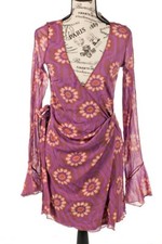 Nwt Urban Outfitters Floral Long Sleeve Purple Wrap Lined Dress Size L
