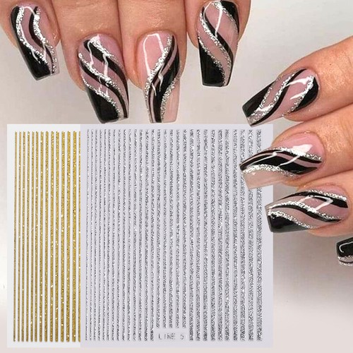 3D Nail Stickers Glitter Gold Silver Laser Wave Line Decals Nail Art