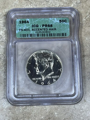 1964 kennedy half dollar Accented Hair Proof  ICG- PF68
