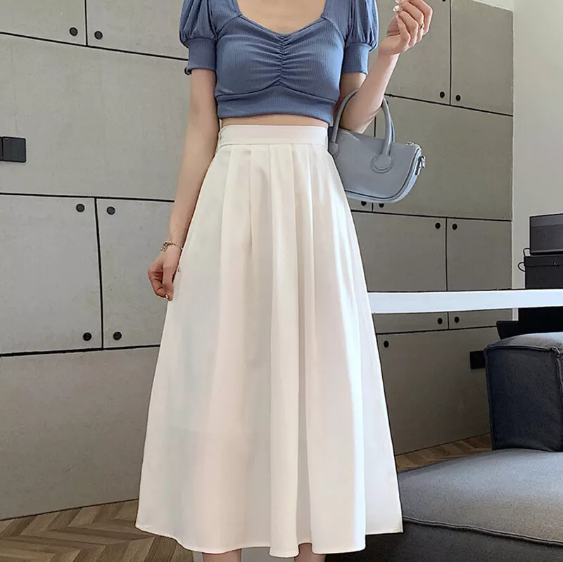 Lady Pleated Long Skirts Flared Frill A-line Elastic Waist Solid Casual  Summer