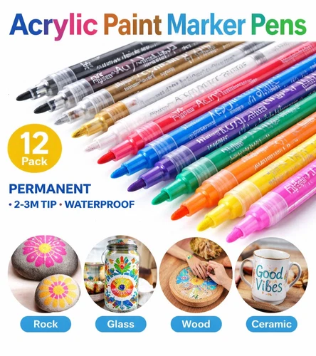 Acrylic Paint Marker Pens 12 Pack 2-3mm Waterproof Permanent for Rock Glass Wood