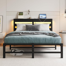 Double Bed Frame Full Size with USB Charging Station and LED Lights, Heavy Duty 