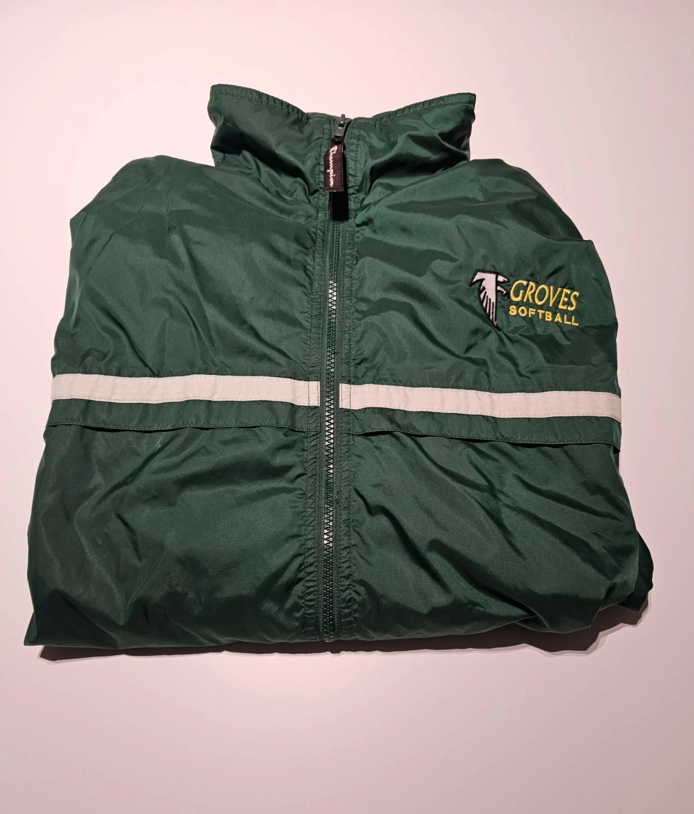 Vintage Champion Windbreaker Jacket Green Large Groves Softball Zip Hooded 90s R
