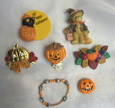 Vintage Halloween Fall Jewelry Lot Pumpkin Pins Teddy Bear Witch Ring Bracelet