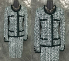 BEAUTIFUL St John collection knit green white fringe skirt suit size 8