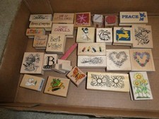 Lot of 30 Assorted New and Used Modern Craft Wood Stamps Flowers Hearts More
