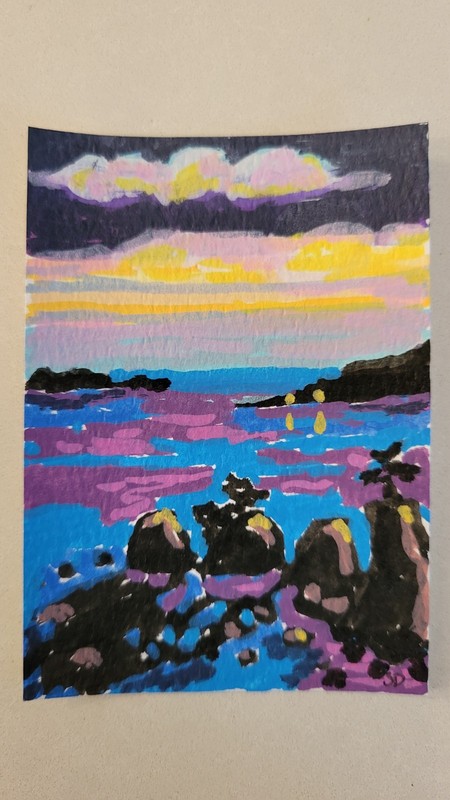 Susan Dietz Sunset on Siletz Original Handmade ACEO Seascape 2.5x3.5 Unframed