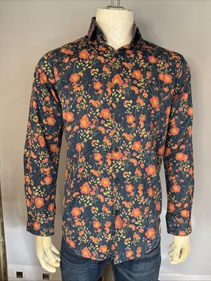 Blueberry Great Britain Floral 60 s Style Shirt Size Small 