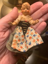 3.5” Antique Dressed Doll Girl w/ Articulated Arms & Legs Ceramic Bisque Germany